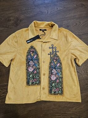 NovaMen Mustard Short Sleeve Button Shirt with Stained-Glass Panels